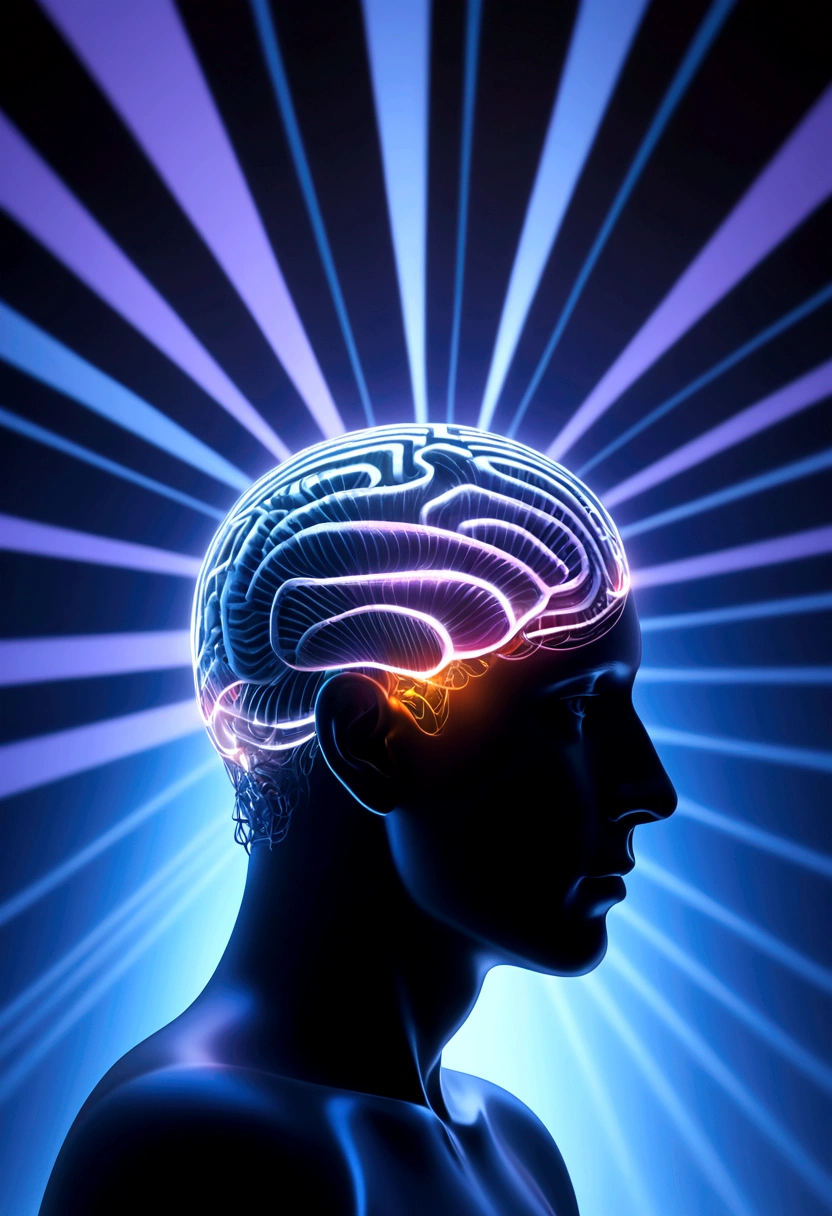 a close up of human mind illustration with rays around, cinematic lighting, glowing light, three sided view, perspective, Pixar, Surrealism, silhouette, cinematic lighting, image fill, from side, atmospheric perspective, Op art, Abstractionism, drop shadow, ray tracing, motion lines, Conceptual art, Pixar, Op art, Color Field painting, Op art, 360 view, three sided view, photomosaic, UHD