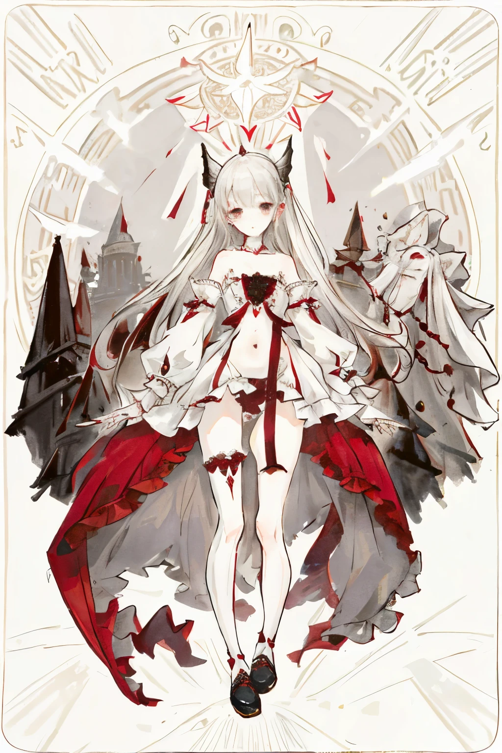 ((best quality)), ((masterpiece)), (detailed), 1girl, Character design, female, dynamic poses, long white grey hair, grey white eyes, very skinny, detailed, best quality, no accesoires around the neck, no shoes, prominent collarbones, skinny arms, flat stomach, visible hip bones, full body, blank white background, plain background, white background, red and white clothing, Bloodborne inspired, occult aesthetic, occult, detailed and intricate steampunk and detailed gothic, NSFW, Very dramatic and cinematic lighting, cosmic horror, grim-dark, side-lighting, perfect face, NSFW, Fluttering lace flared long knee length dress with frilly petticoats, knee length dress, pleated petticoats, petticoats gothic, complex lace boots, side-lighting, gothic aesthetic, wielding a mighty sword with mechanical components, mandalas, small breasts, a fairy, various different types of insect wings, NSFW, full body, whole body, body, plain background, white background, blank background, no background, white background NSFW, chains, full body, whole body, head-to-toe NSFW