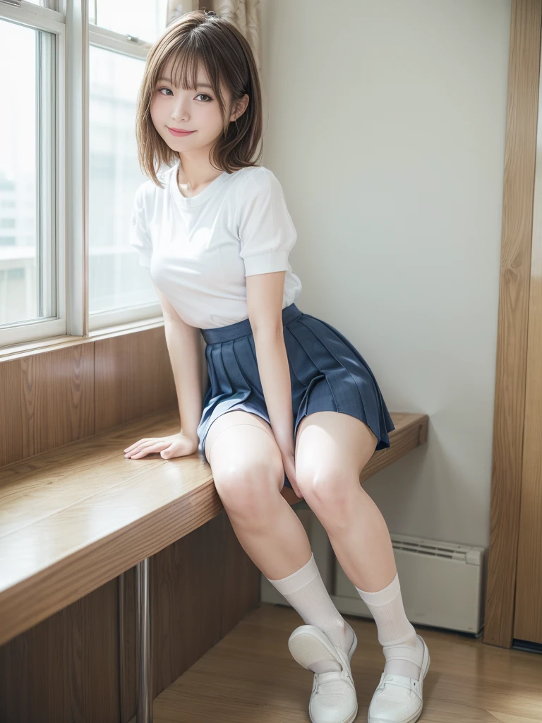 Highest quality,Very detailed,masterpiece,Realistic,Photorealistic,Bright lighting,1 Girl, Very beautiful 17 year old girl, (cute:1.2),A faint smile, (Brown eyes),(Light brown hair),(bangs),Perfect glowing skin,Perfect Skin,((erotic,Sexy and sexually explicit)),((Accurate needles without discord)), Big and ample breasts,Big breasts and small waist, Pay attention to your audience,,((Short sleeve uniform white shirt)),(Mini pleated skirt in blue),(((スカートをLift it yourself))),(Lift it yourself),Browsing Caution,(Showing panties:1.3),Wearing panties,Panty Focus,((sit,Legs wide open)), socks, (black knee socks),(Loafer shoes), Daytime,in the train,Sideways seating with your back to the window, Big smile