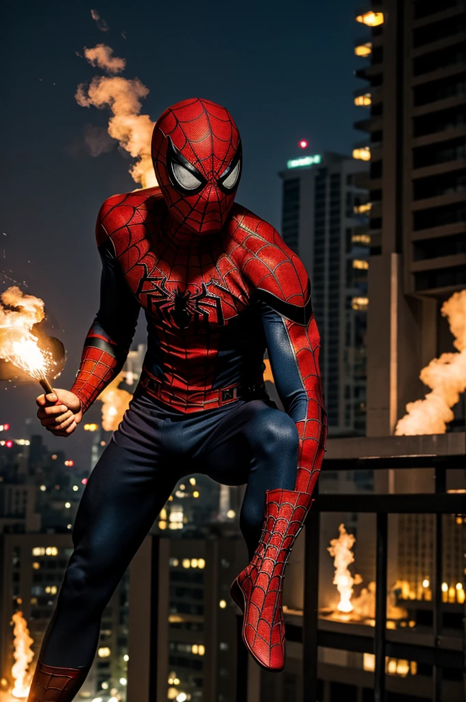 ((best quality)), ((masterpiece)), (detailed)), Spiderman wearing plain black t-shirt, at stadium terrace, holding flare