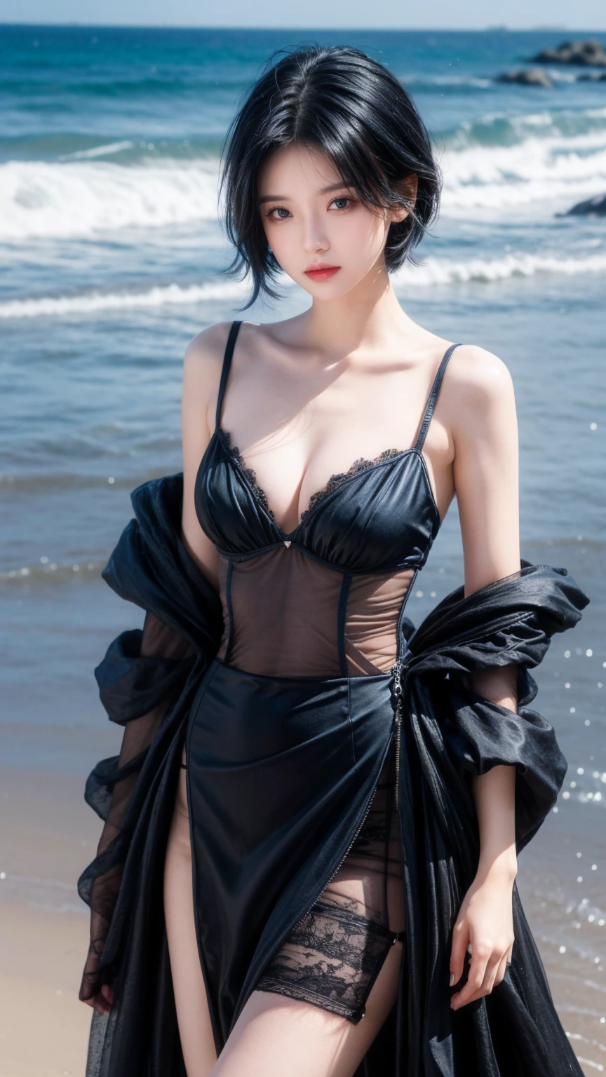 best quality, 1 Girl, dark blue hair, black eyes, Very short hair, Spiky hair, wears sweet dress luxury,A cropped dress, 171 cm, Messy hair, Hair between the eyes, Medium breasts, full, Tomboy, aldult, 20 years old, A sweet girl by the beach