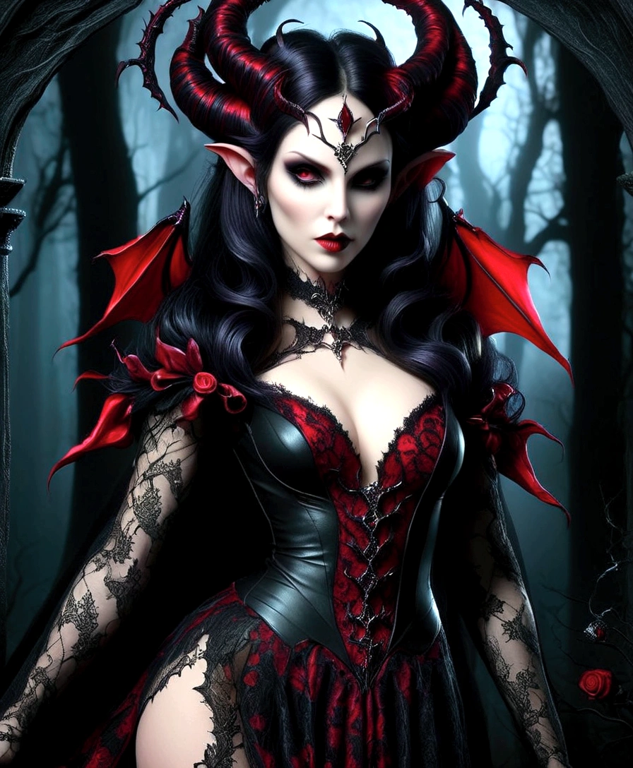gothic woman with horns and red dress in a dark forest, beautiful elegant demon queen, beautiful vampire queen, beautiful vampire female queen, beautiful succubus, succubus | medieval, vampire queen, beautiful female vampire, gothic fantasy art, vampires fantasy, vampire fashion, gothic maiden of the dark, succubus, queen of darkness, female vampire, dark vampire