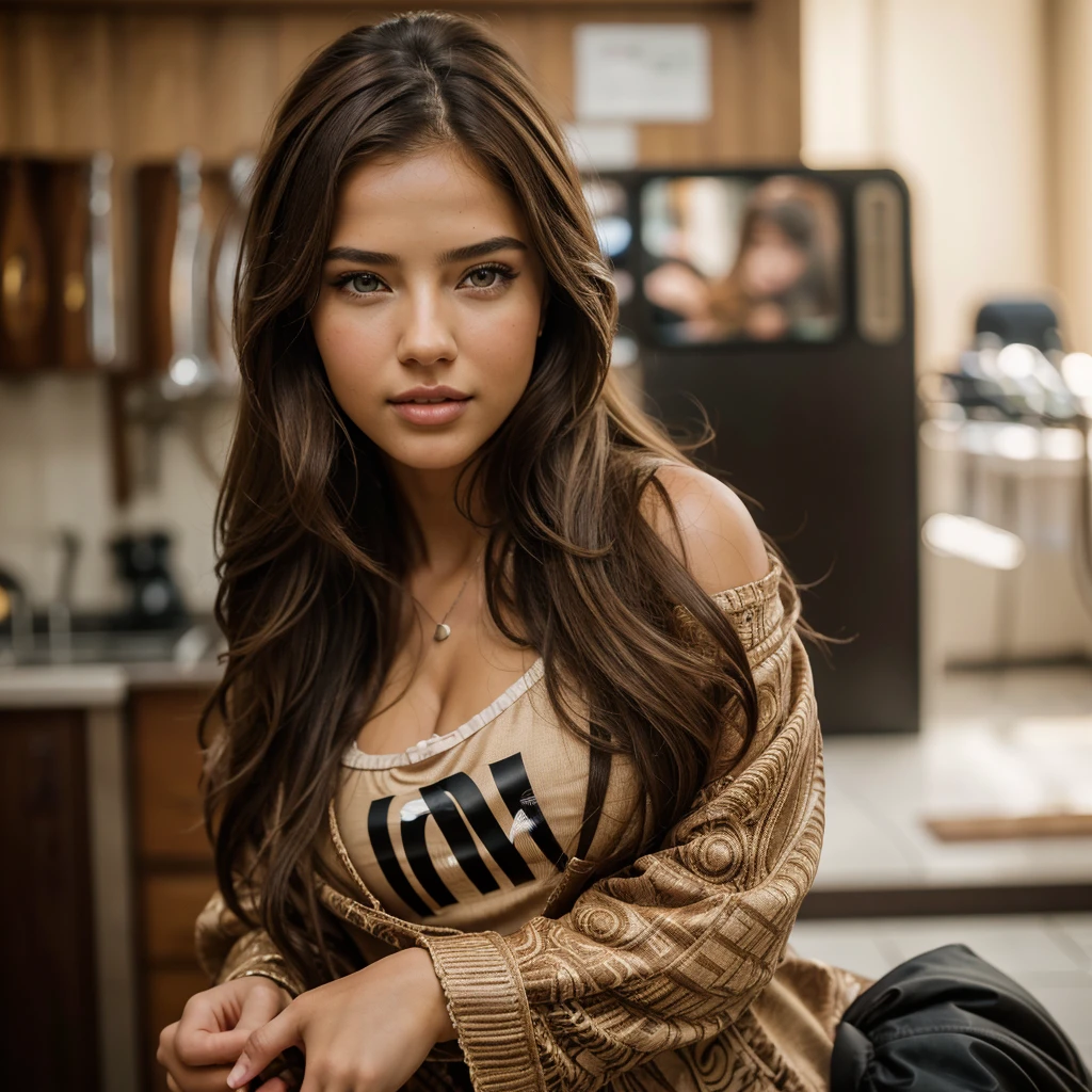 Adriana Lima, thick brown hair, chaude menue, Fille ukrainienne, Wavy brown hair, Dasha Taran, jolie belle brune, (solo one girl : 2.0), ((perfect anatomy)),cute beautiful brunette, wearing casual shirt with a hoodie and leggings, view from back ,full body, perfect angle, very detailed, 32 years old, flirty face, messy long hair, brown eyes, high-res, masterpiece, best quality,intricate details, highly detailed,sharp focus, detailed skin,realistic skin texture,texture, detailed eyes, professional, 4k, smile, shot on Canon, 85mm,shallow depth of field,kodak vision color, eyeshadow, extremely detailed, photo_\(ultra\), photorealistic, realistic, post-processing, max detail, roughness, real life, ultra realistic, photorealism, photography, 8k uhd, photography, pokies