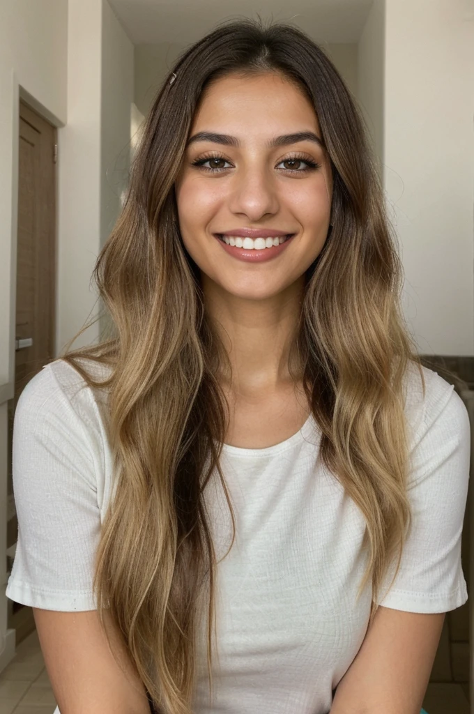 24YO, one attractive Jordanian women, cute smile, white teethes, skinny face, green shirt, light brown eyes, small nose, black/blonde long hair
