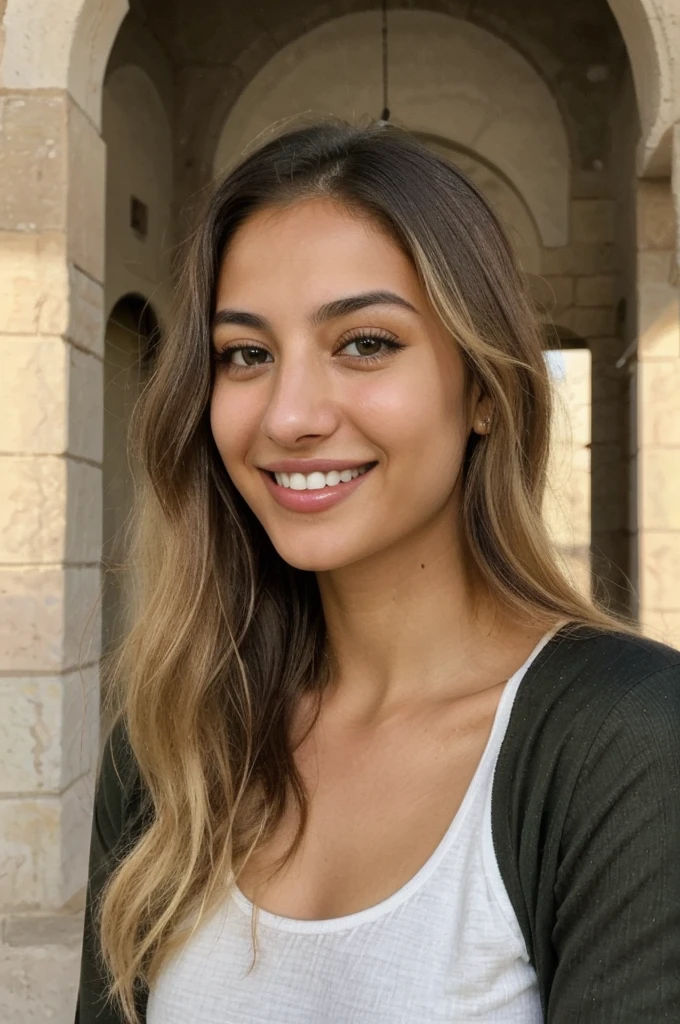 24YO, one attractive Jordanian women, cute smile, white teethes, skinny face, green shirt, light brown eyes, small nose, black/blonde long hair