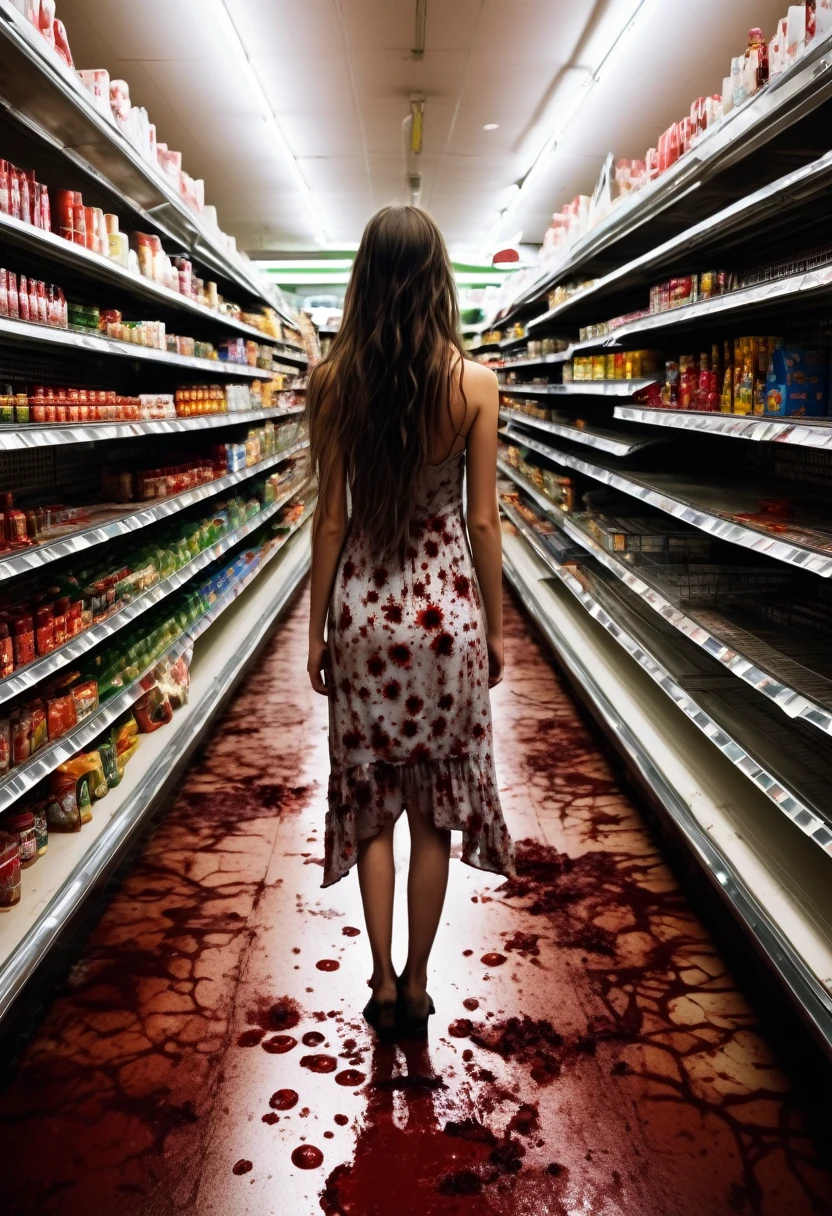 Girl walking down the aisle of a supermarket. Bloody floor, messy shelves, flickering lighting, wearing a dirty flower dress, long hair, messy hair, horror atmosphere, horror, terrifying