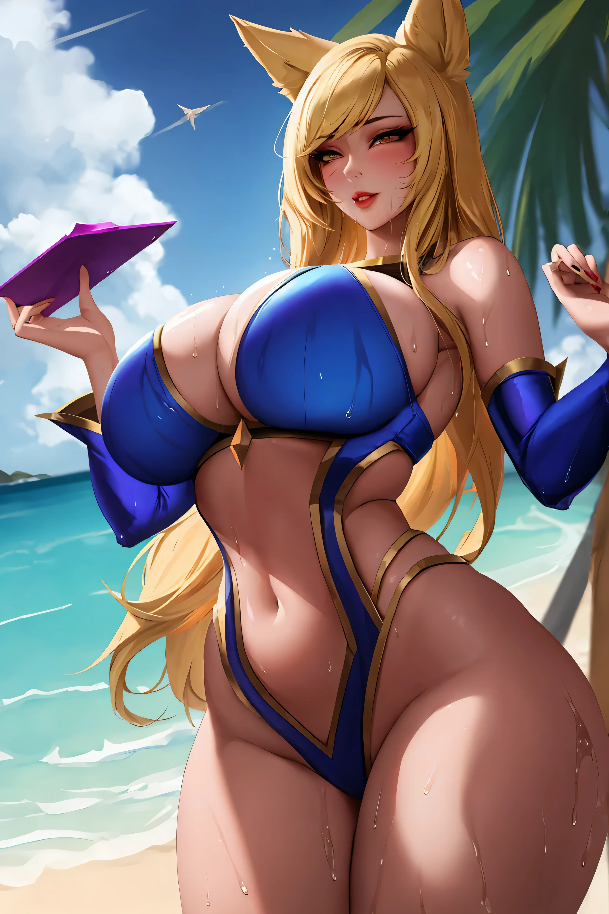 Ahri, Kda Clothes, league of legends, Kda, kda Ahri, thick thighs, posing, beach, fox Ears, blonde Hair, busty, wide hips, big breasts , naughty, solo, wet,