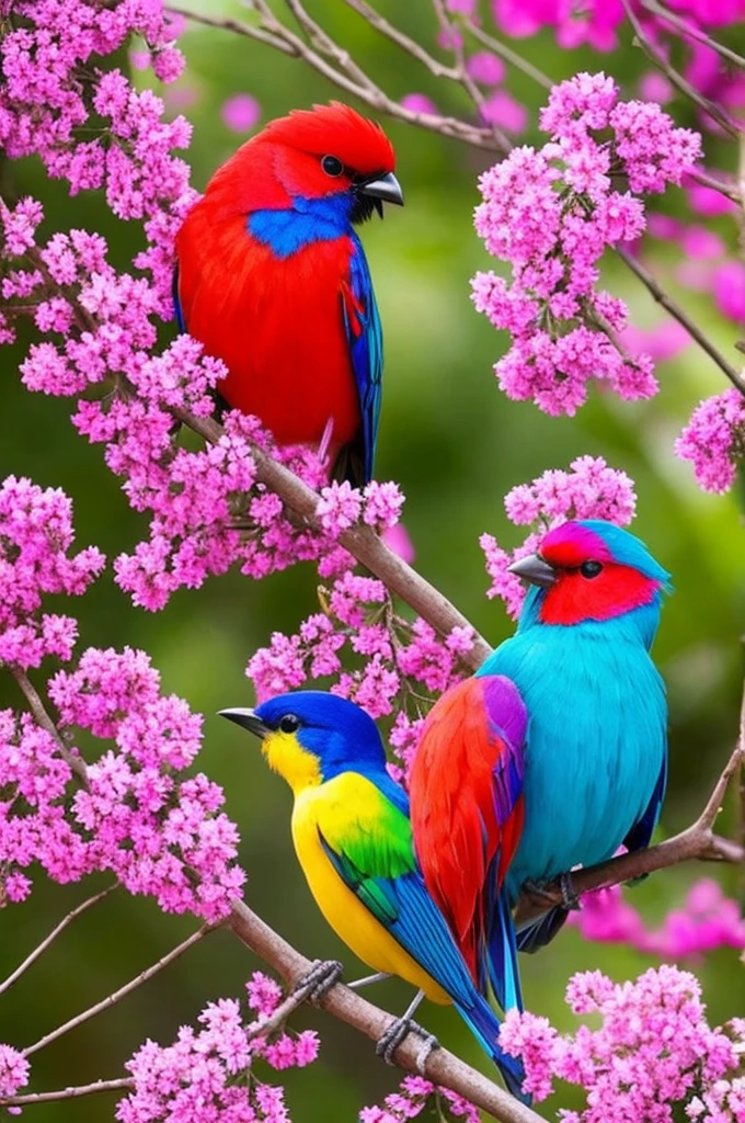 colorful bird perched on a branch of a tree with pink flowers, lindo e colorido, colorful birds, lindo colorido, colorful bird with a long, foto hd colorida, Muito colorido, altamente colorido, muito colorido, imagem colorida, Maravilhosamente colorido, vibrante e colorido, rico colorido, Natureza bela, EXTREMAMENTE COLORIDO, colorido e vibrante, vivid and colorful, lindas cores vibrantes

