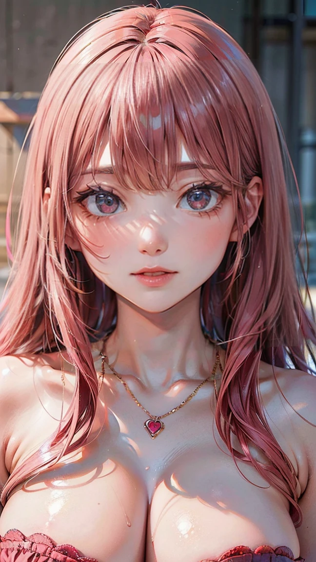 (Masterpiece, BestQuality:1.3), (ultra detailed:1.2), (hyperrealistic:1.3), (RAW photo:1.2), High detail RAW color photo, professional photograph, (Photorealistic:1.4), (realistic:1.4), professional lighting, perfect anatomy, (Big Breasts:1.2), (blush, detailed face), (cheerful Smile:1.5), Trending Hair&Trending Hairカラーをランダムに, earrings, necklace, bracelet, sexy, erotic sexy, Random sexy gravure poses, (A sexy beauty、She is wearing red lipstick and posing sexy while looking at the camera.。Long straight hair with pink hair。:1.3)