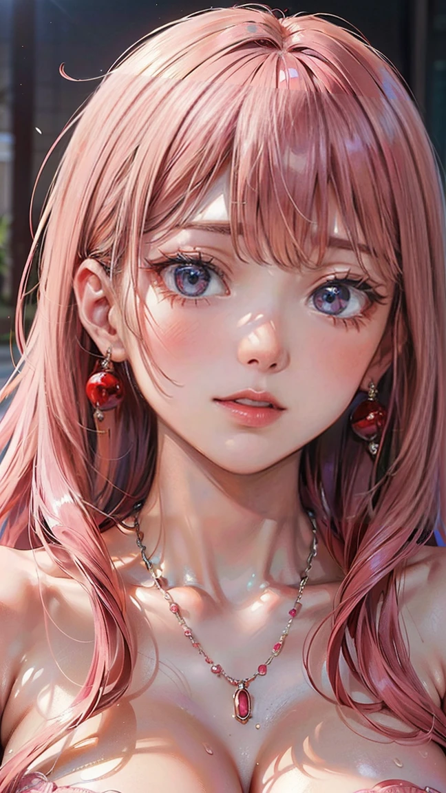 (Masterpiece, BestQuality:1.3), (ultra detailed:1.2), (hyperrealistic:1.3), (RAW photo:1.2), High detail RAW color photo, professional photograph, (Photorealistic:1.4), (realistic:1.4), professional lighting, perfect anatomy, (Big Breasts:1.2), (blush, detailed face), (cheerful Smile:1.5), Trending Hair&Trending Hairカラーをランダムに, earrings, necklace, bracelet, sexy, erotic sexy, Random sexy gravure poses, (A sexy beauty、She is wearing red lipstick and posing sexy while looking at the camera.。Long straight hair with pink hair。:1.3)
