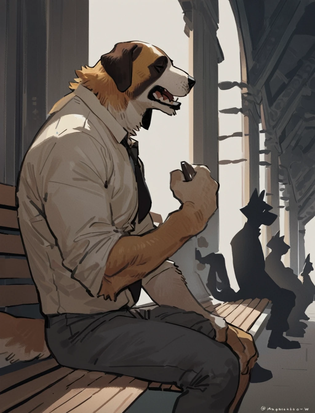 mammal, canine, saint bernard, male, marc simonetti, taran fiddler, mucknagabe, k0bit0wani, null-ghost, newest, ( masterpiece, best quality, highly detailed ), ( detailed ???????, detailed face, detailed body ), old train station, sitting on wooden bench, yawning, side view, crowd, (silhouette)