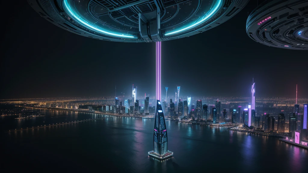 Photograph,Nexus Zone (Futuristic): A mysterious region where advanced technology reigns, full of neon skyscrapers, androids and anti-gravity vehicles