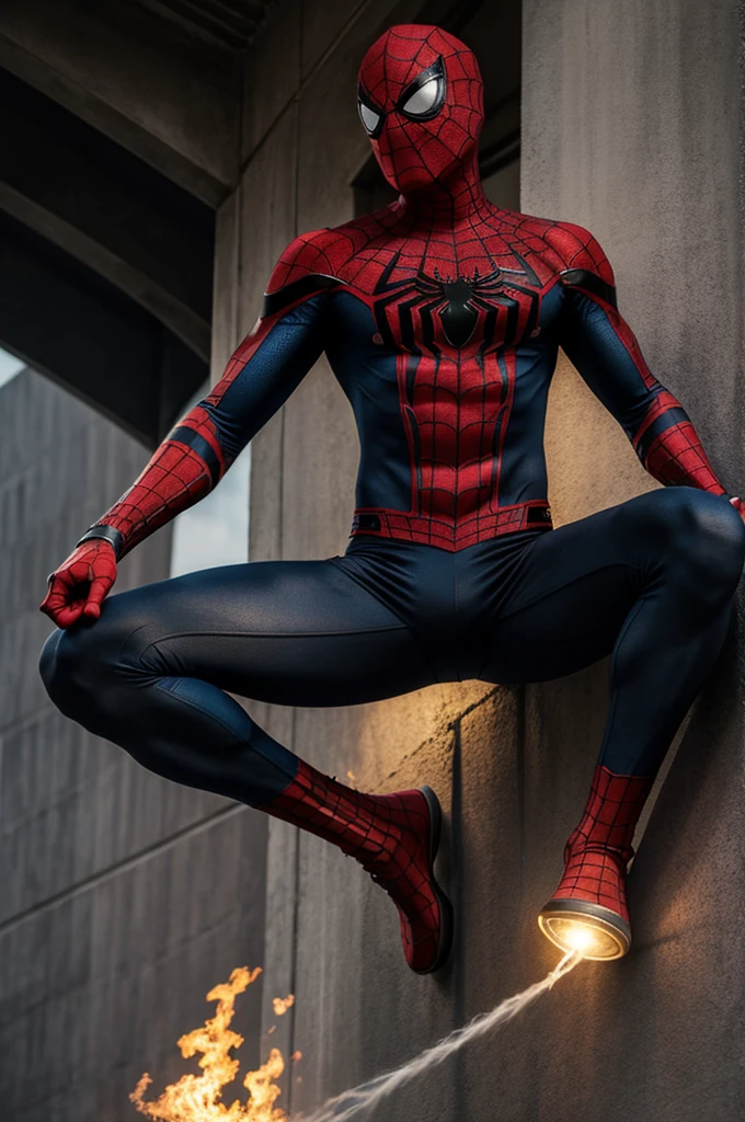 ((best quality)), ((masterpiece)), (detailed)), Spiderman wearing plain black t-shirt, at stadium terrace, holding flare bar
