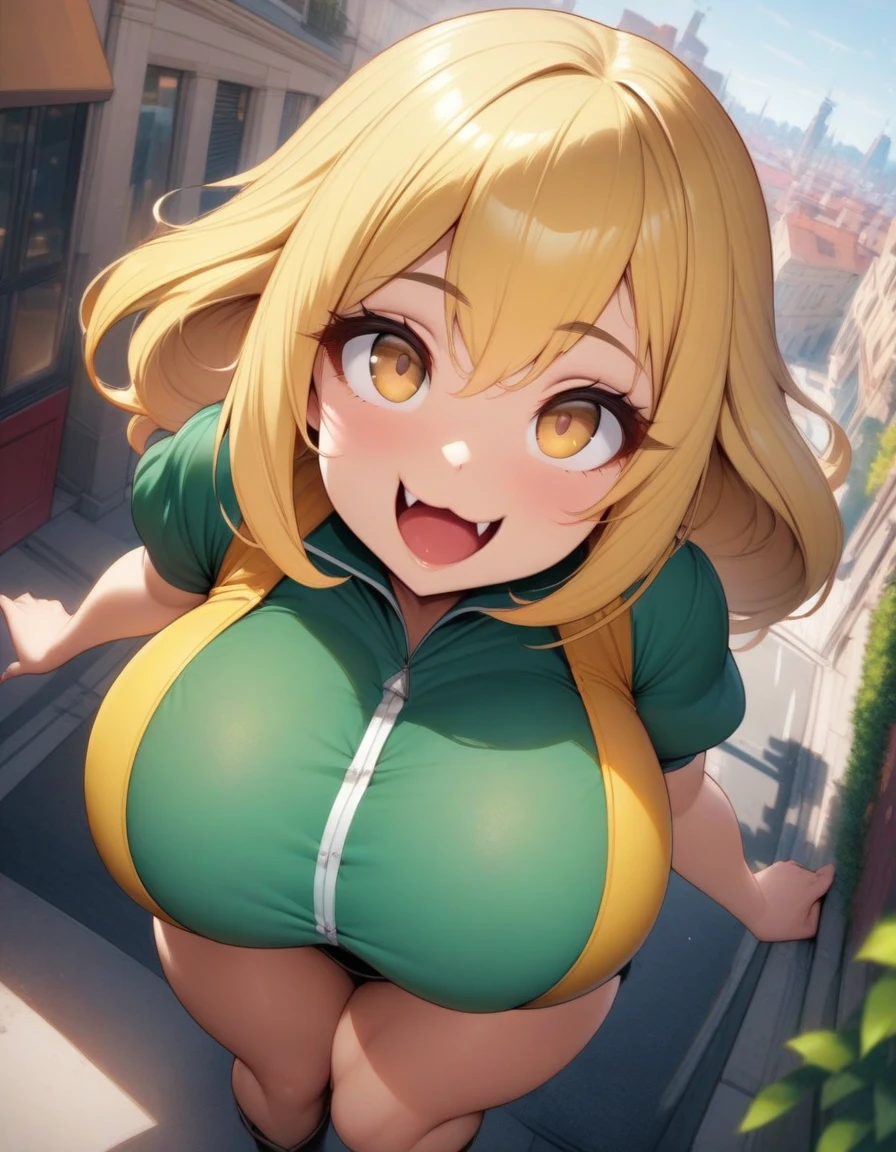 Yellow hair color,side part hair,light brown eyes,chubbily ,huge breasts,whipped thighs,Clothing that emphasizes the breasts,cat mouth,smile,Open mouth,open eye,double tooth,Taken from the viewpoint above, looking at viewer,upturned eyes,Street Background,SFW,perfect,high quality,faultless,