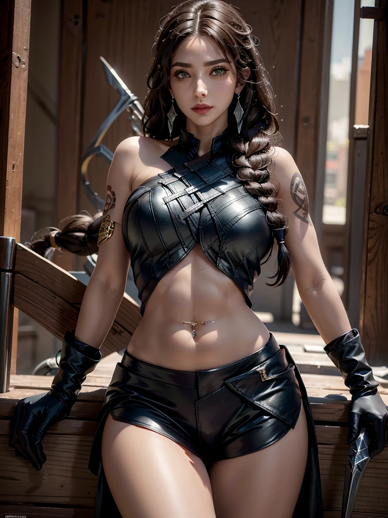 photorealistic, high resolution, 1women, mature female, solo, hips up, look at viewer, (detailed face), tattoo, samira \(league of legends\), eyepatch, earrings, green eyes, braid, long hair, dark skin, gloves, armor, navel, bracelet, lips, mole, mole above mouth, tan skin