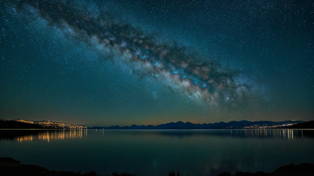 Quiet night view from the lake. The sky is clear, Filled with twinkling stars. The water is calm, reflect the starry sky. Surrounded by nature, wood々and distant mountains々silhouetted against a starry sky. No people or artificial lighting, Highlight the tranquility and natural beauty of the landscape.