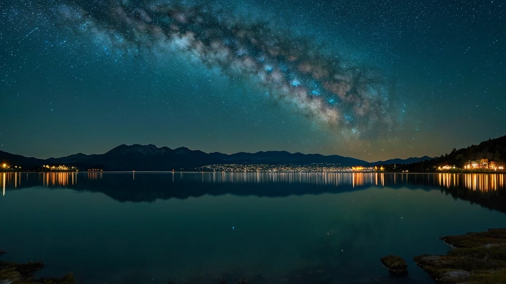 Quiet night view from the lake. The sky is clear, Filled with twinkling stars. The water is calm, reflect the starry sky. Surrounded by nature, wood々and distant mountains々silhouetted against a starry sky. No people or artificial lighting, Highlight the tranquility and natural beauty of the landscape.