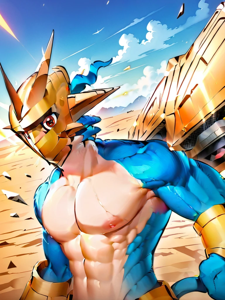 solo,angry ,Magnamon,tall,（musclar：1.5）,blue and white skin,(battle damaged:1.5),(topless Magnamon:2),(armor fragments:1.5),(shirtless:1.5), fighting_stance, in desert ,full_shot
