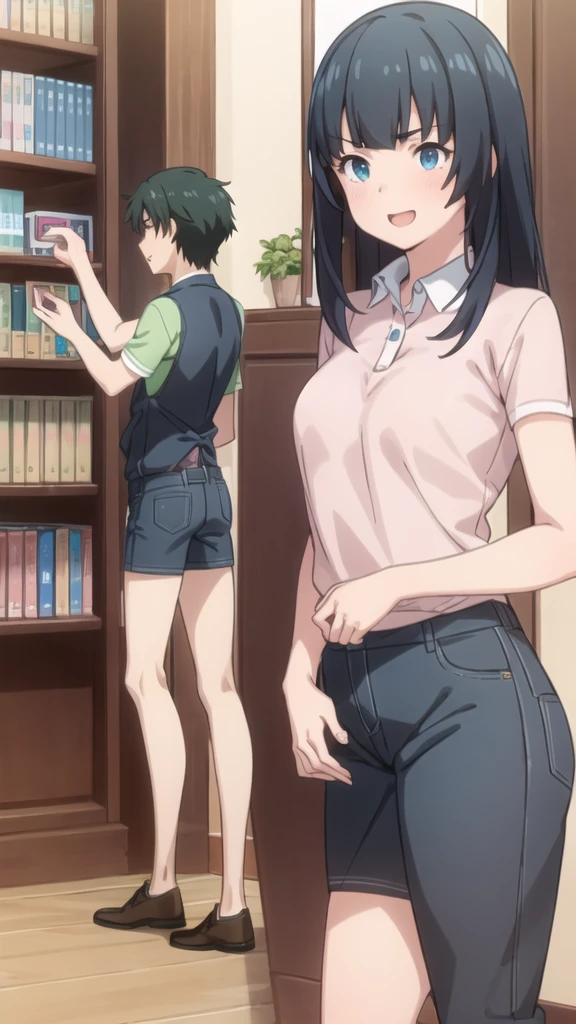 NSFW,(((1girl,1boy,fellatio))),Highest quality, (masterpiece:1.2), Very detailed,
indoor, Bookshelf,
takasago tomoe,
, Looking at the audience, Open your mouth, smile,
Black Hair, Long Hair, blue eyes,
Black shorts, Collared shirt, Short sleeve, Green Shirt, Striped, Brown apron,white lace panties,  ,
break masterpiece ,8k unity wallpaper,anime key visual,highest quality, High resolution,  (shape:0.8),anime coloring,
highly detailed face, detailed eyes,growing eyes,shiny skin,fine skin,white skin,dense skin,detailed hair,highly detailed legs,
perfect lighting, Detailed CG, 
(perfect hands, perfect anatomy),High resolution,
Break slender limbs, delicate curves, dainty hands,figure:0.8,