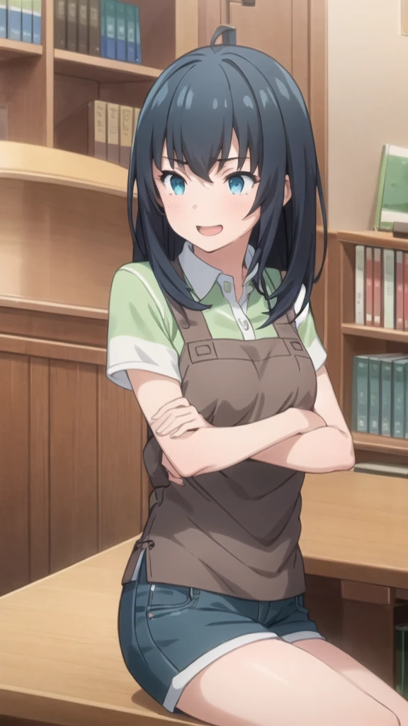 NSFW,(((1girl,1boy,fellatio))),Highest quality, (masterpiece:1.2), Very detailed,
indoor, Bookshelf,
takasago tomoe,
, Looking at the audience, Open your mouth, smile,
Black Hair, Long Hair, blue eyes,
Black shorts, Collared shirt, Short sleeve, Green Shirt, Striped, Brown apron,white lace panties,  ,
break masterpiece ,8k unity wallpaper,anime key visual,highest quality, High resolution,  (shape:0.8),anime coloring,
highly detailed face, detailed eyes,growing eyes,shiny skin,fine skin,white skin,dense skin,detailed hair,highly detailed legs,
perfect lighting, Detailed CG, 
(perfect hands, perfect anatomy),High resolution,
Break slender limbs, delicate curves, dainty hands,figure:0.8,