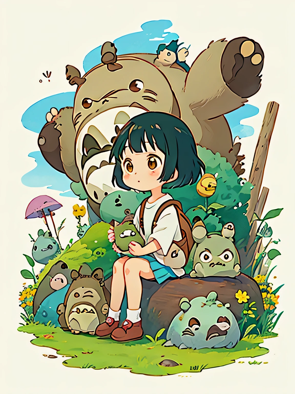 Hayao Miyazaki style、Kawaii Design, ((most beautiful girl ever))、Chibi, (((expedition)))、((Mammoth)), hunting, ((Clothing of primitive man)), Pikachu, (((Totoro))), Lunar Surface, Colorful and cute pillbugs