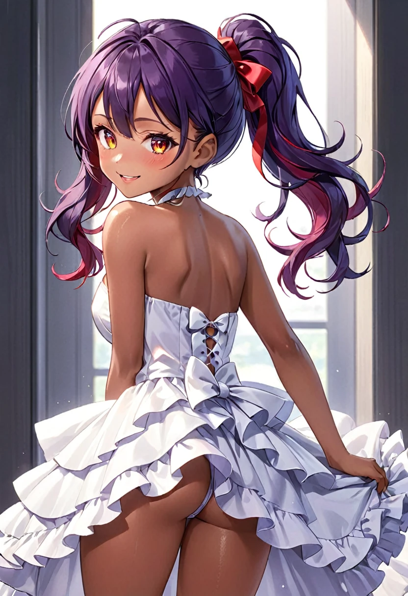 (anime style),masterpiece, best quality, extremely detailed,tanned skin,5yo gal,dark skin Beautiful body,flat breasts,BREAK,multicolored dark Purple hair,little side ponytail,short hair with long locks,BREAK,red eyes,naughty smile,shy,open mouth,eyes widen,smile face,detailed lips,False eyelashes,BREAK,cotton red big ribbon,BREAK, yellow camisole dress,frilled clothing,bridal gown,leaning_forward,break,head tilt,looking back