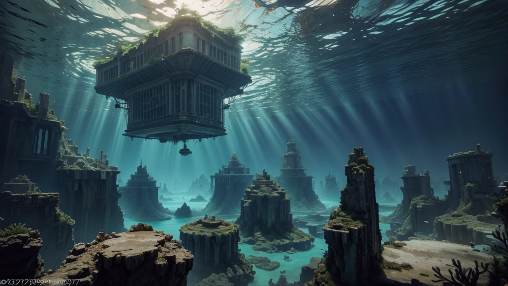 Photograph Submerged Atlantis: A vast underwater world with crystal cities, intelligent sea creatures and ruins of a lost civilization.