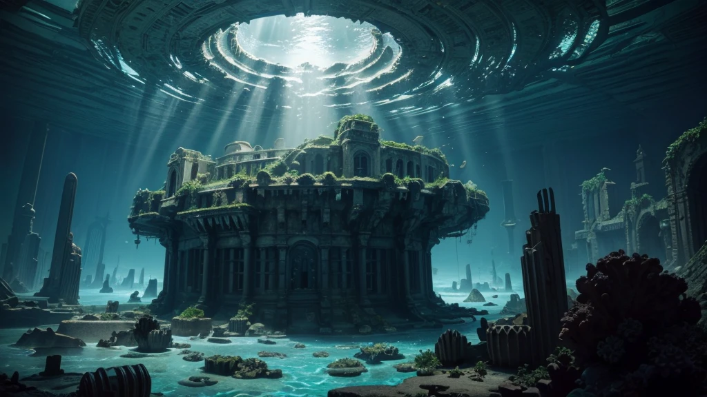 Photograph Submerged Atlantis: A vast underwater world with crystal cities, intelligent sea creatures and ruins of a lost civilization.