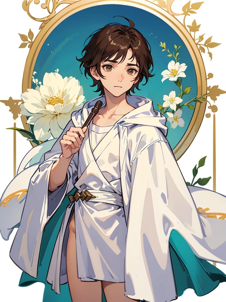 {{{visual novel sprite}}}, {{{white background}}}, (((1male))), short dark brown hair, brown eyes, cute, pretty, white Greek tunic, open robes, small penis,