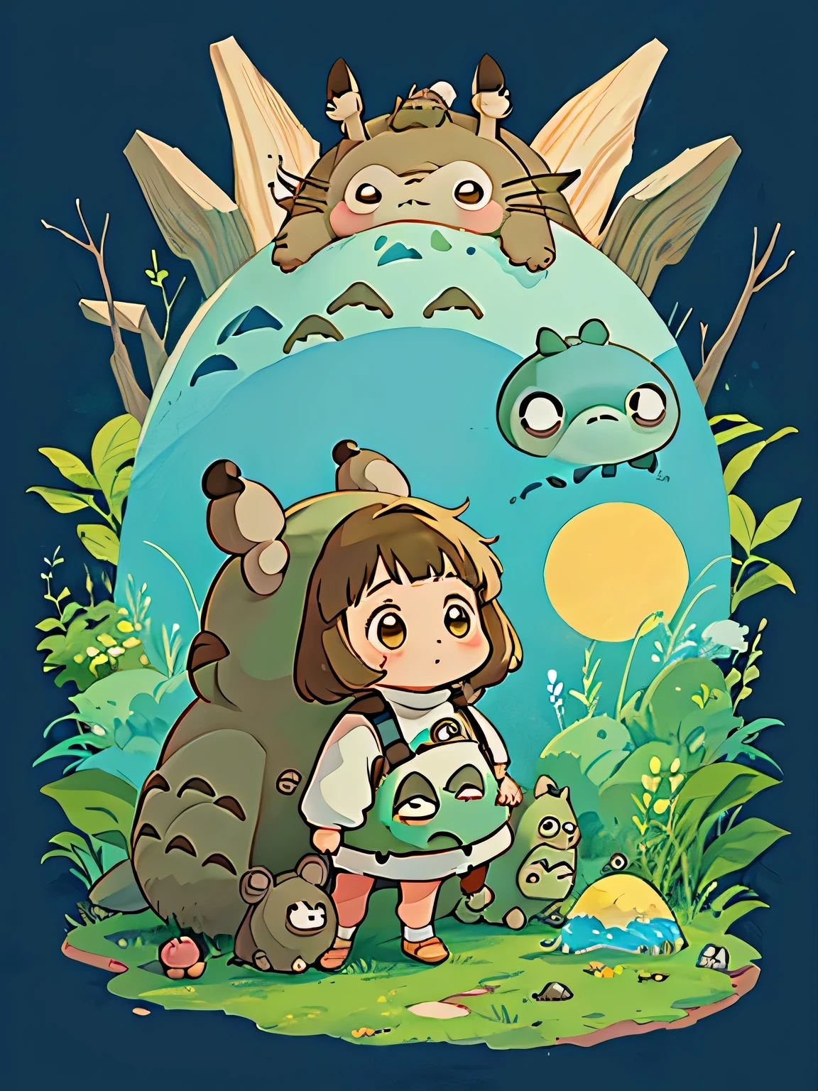 Hayao Miyazaki style、Kawaii Design, ((most beautiful girl ever))、Chibi, (((expedition)))、((Mammoth)), hunting, ((Clothing of primitive man)), Pikachu, (((Totoro))), Lunar Surface, Colorful and cute pillbugs