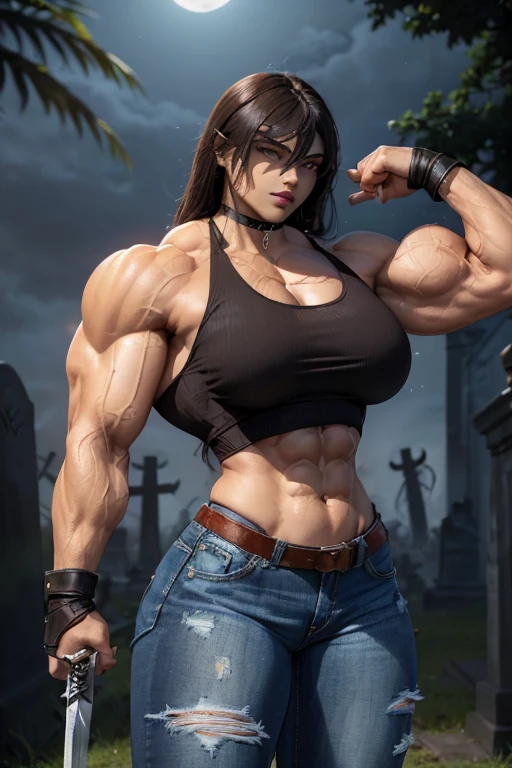 (((((Massive, beautiful, light brown skinned, buff, muscular female vampire slayer with black hair, black lipstick, ginormous bulky muscles, brandishing a sword and wearing a tight tank top and tight denim pants))))), (close view), (massive muscles), massive biceps, hyper muscle shoulders, vascular shoulders, hyper muscle triceps, (long straight hair), orange eyes, (gauntlets), denim pants, chain belt, choker, thigh high heels, holding a sword, (in a moonlit cemetery), fingerless gloves, closed smile, night, hyper vascular arm, hyper muscles arms, hyper muscle legs, massive arms.