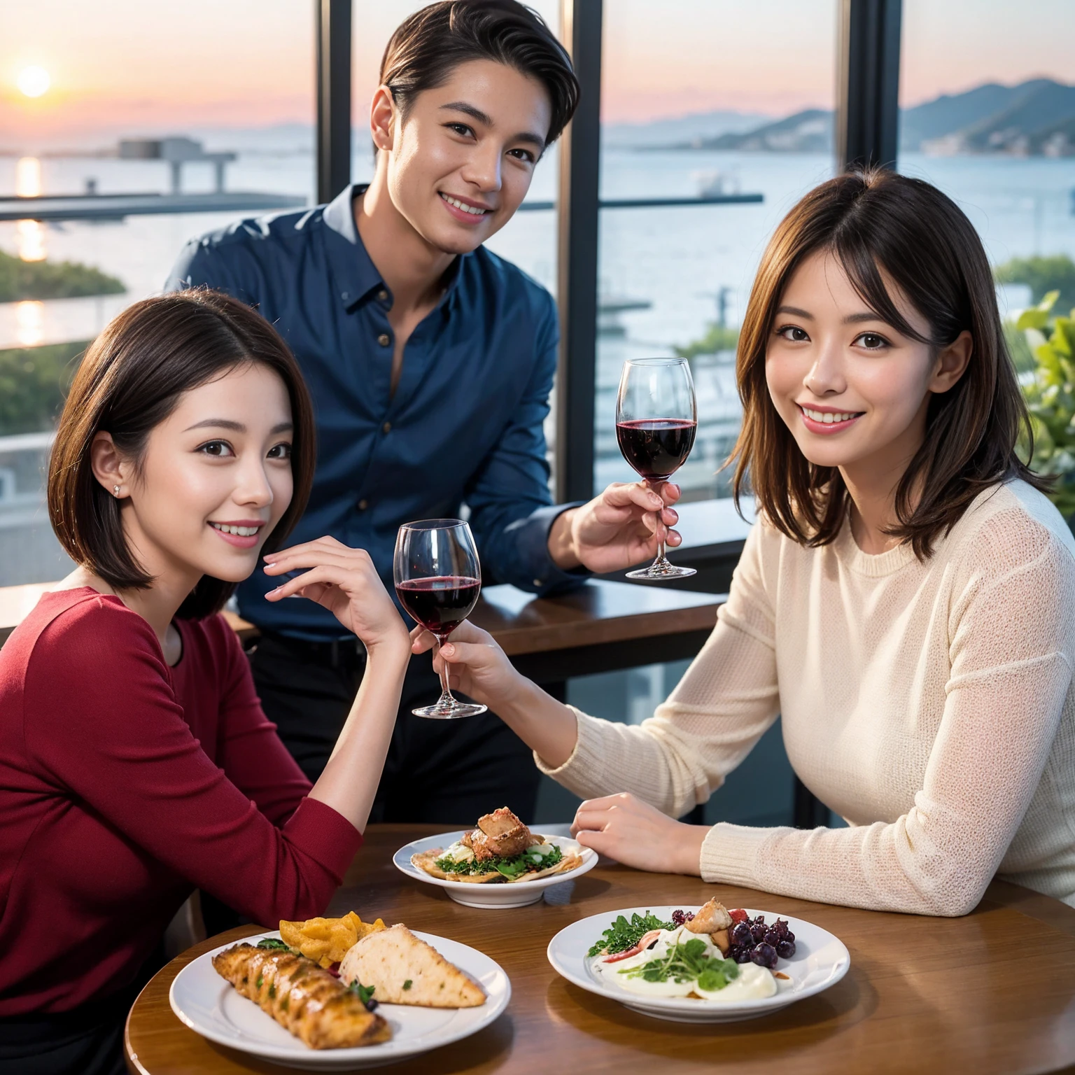 ((Highest quality、8k、masterpiece:1.3))、 (Genuineistic, Genuine、Bright image、Intricate details:1.2), 最高のsmile、1 male,1 female、Beautiful couple、spouse、Satomi Ishihara-like lover、Good friends、actress couple、smile、Full-course dinner at a packed table、 (Slim face), (the body is slim), (Brown Hair), (short hair), テーブルのwine glass、Please shine a light on my face、 Amazing view of the sunset sky and clouds、 (40 years old)38 years old, red wine 、Appetizers、Wine bottle、sparkling wine、Long sleeve shirt、dress、White wine, red wine, wine glass, 