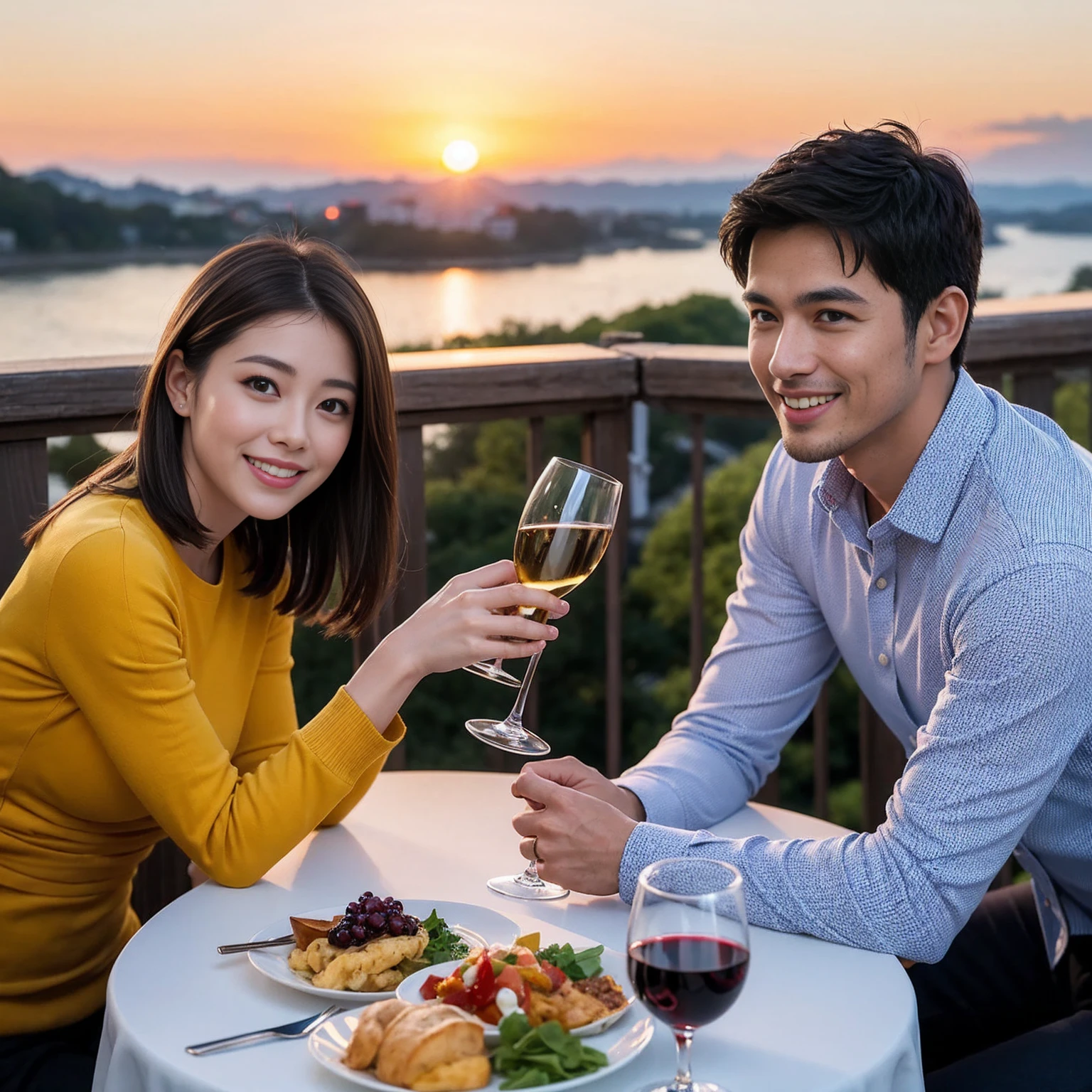 ((Highest quality、8k、masterpiece:1.3))、 (Genuineistic, Genuine、Bright image、Intricate details:1.2), 最高のsmile、1 male,1 female、Beautiful couple、spouse、Satomi Ishihara-like lover、Good friends、actress couple、smile、Full-course dinner at a packed table、 (Slim face), (the body is slim), (Brown Hair), (short hair), テーブルのwine glass、Please shine a light on my face、 Amazing view of the sunset sky and clouds、 (40 years old)38 years old, red wine 、Appetizers、Wine bottle、sparkling wine、Long sleeve shirt、dress、White wine, red wine, wine glass, 