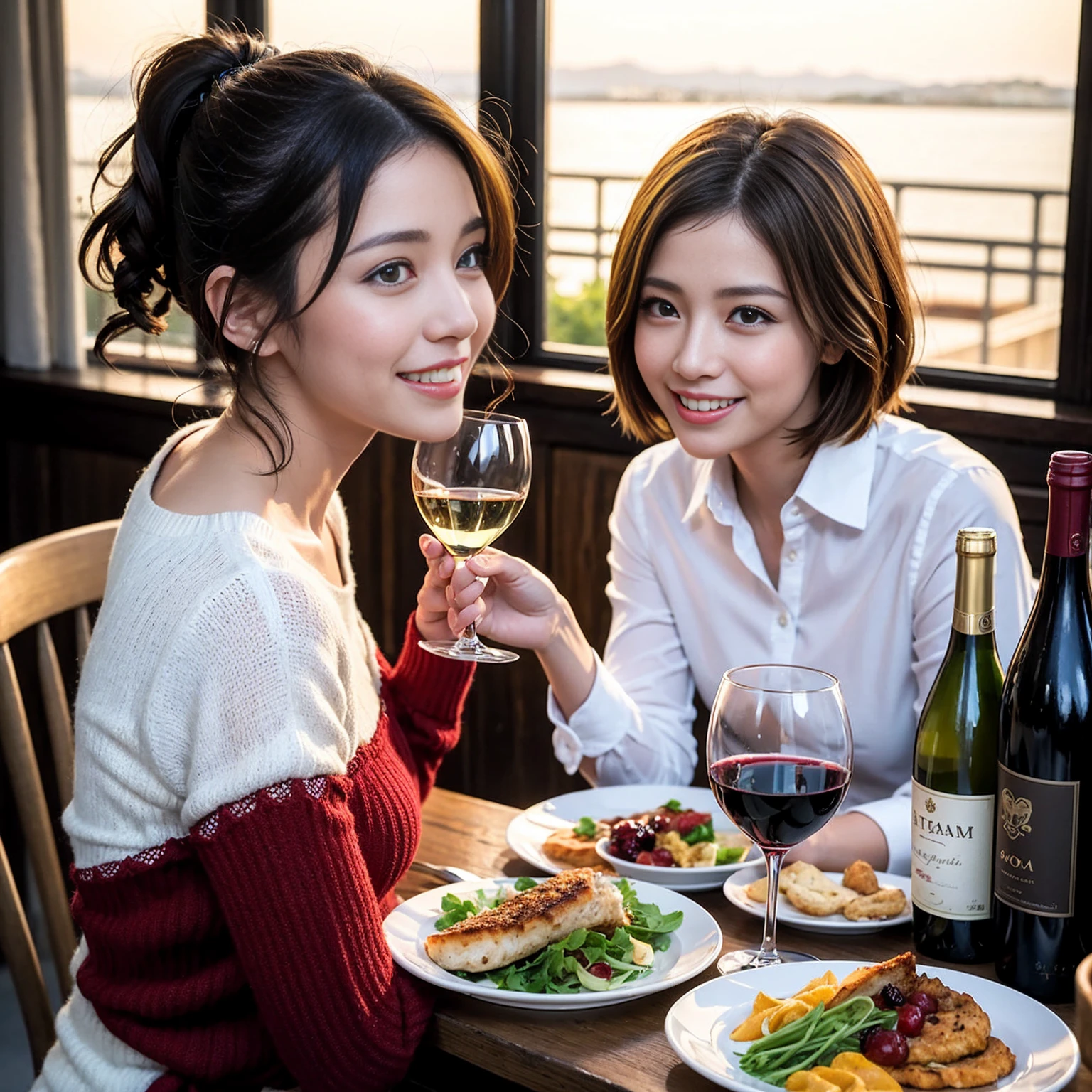 ((Highest quality、8k、masterpiece:1.3))、 (Genuineistic, Genuine、Bright image、Intricate details:1.2), 最高のsmile、1 male,1 female、Beautiful couple、spouse、Satomi Ishihara-like lover、Good friends、actress couple、smile、Full-course dinner at a packed table、 (Slim face), (the body is slim), (Brown Hair), (short hair), テーブルのwine glass、Please shine a light on my face、 Amazing view of the sunset sky and clouds、 (40 years old)38 years old, red wine 、Appetizers、Wine bottle、sparkling wine、Long sleeve shirt、dress、White wine, red wine, wine glass, 