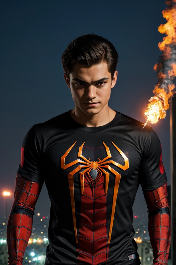 ((best quality)), ((masterpiece)), (detailed)), Spiderman wearing BLACK T-SHIRT, at stadium terrace, holding flare bar