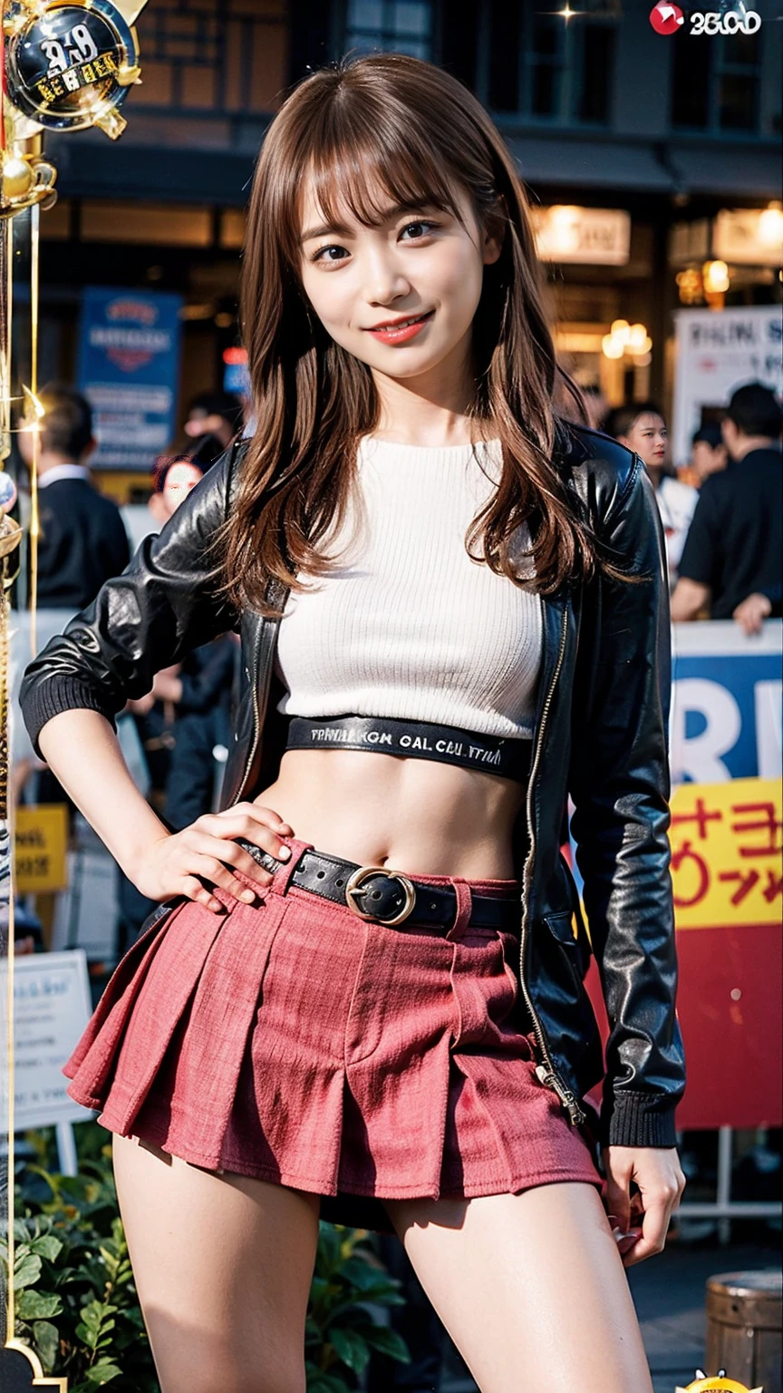(8k、RAW Photos、Highest quality、masterpiece:1.2)、(Realistic、Realistic)、1 girl、((Trading cards、smile、Big Breasts、Belly button、belt、pink、black、mini skirt、Frills、Idol、boots、Look forward、Stand with hands on hips))、