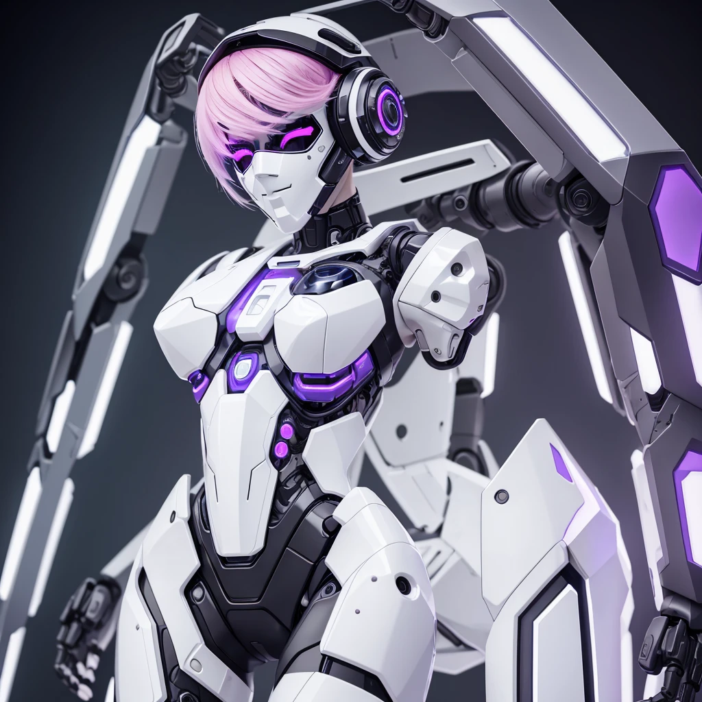 a girl with a sleek and attractive robotic body, featuring high-tech components. She has short pink hair, purple eyes, and an angry expression. She is wearing a mask that partially obscures her face, with her polished mechanical limbs and torso emphasizing her allure despite her intense emotions. ((white cyber masker)), ((body position standing upright)), close up,1girl, ((Close up))