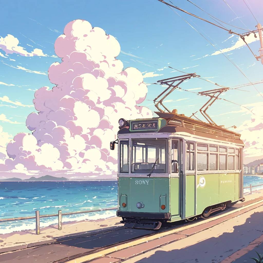 ((anime:1.4,illustration)),(masterpiece, top quality, best quality),(ultra-detailed, absolutely resolution),((16k, high res)), (((tram, seaside, blue sky, cumulonimbus cloud)) ((cozy lofi illustration:1.4)), ((anime:1.4, illustration)),(masterpiece, top quality, best quality),(ultra-detailed, absolutely resolution),((16k, high res)) BREAK {lofi art, style of Laurie Greasley, style of Makoto Shinkai, anime aesthetic}, BREAK { (produces images with information than 40 million pixels with cinematic-like detailed textures shot on a Sony SLR).}