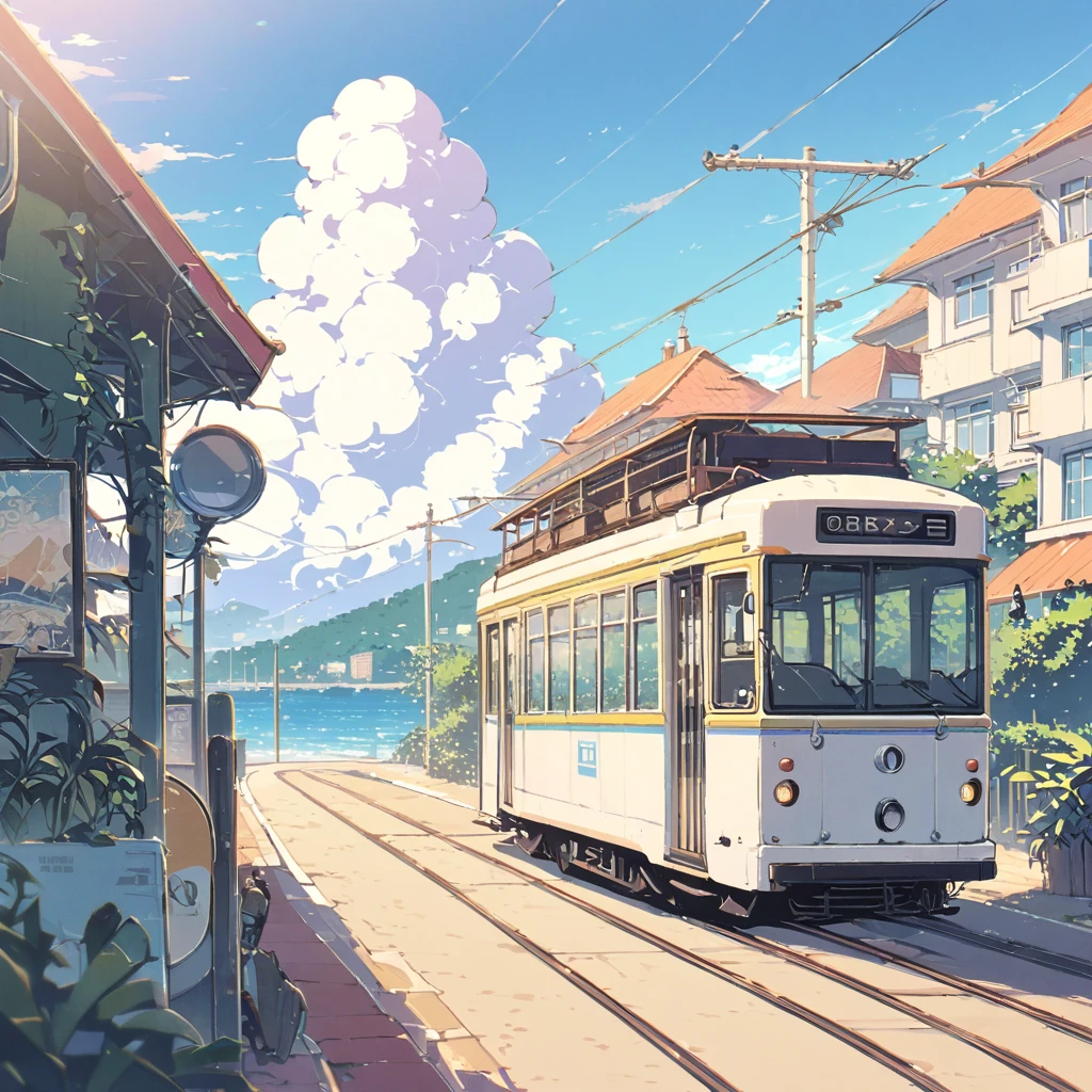 ((anime:1.4,illustration)),(masterpiece, top quality, best quality),(ultra-detailed, absolutely resolution),((16k, high res)), (((tram, seaside, blue sky, cumulonimbus cloud)) ((cozy lofi illustration:1.4)), ((anime:1.4, illustration)),(masterpiece, top quality, best quality),(ultra-detailed, absolutely resolution),((16k, high res)) BREAK {lofi art, style of Laurie Greasley, style of Makoto Shinkai, anime aesthetic}, BREAK { (produces images with information than 40 million pixels with cinematic-like detailed textures shot on a Sony SLR).}