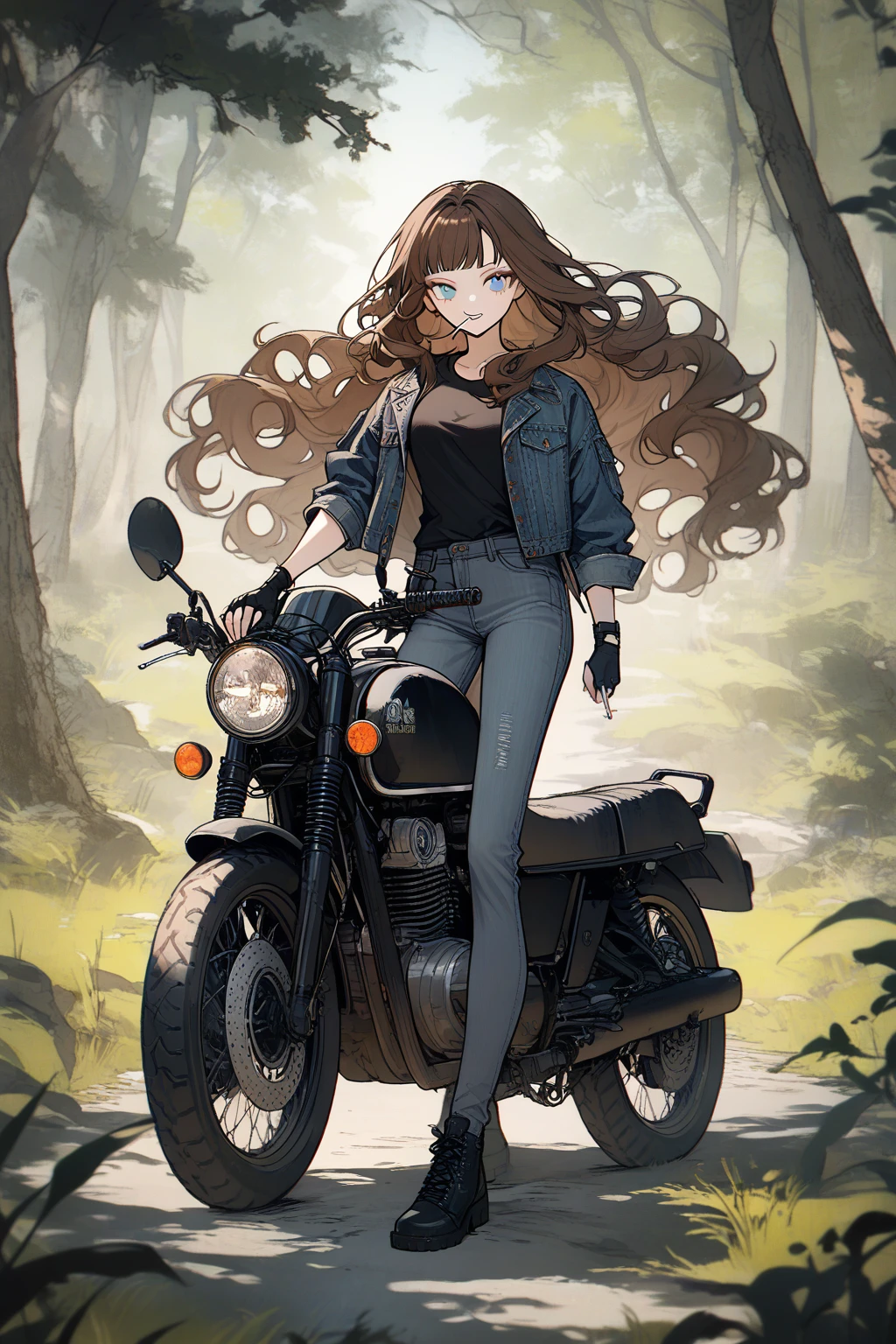1 girl, CuteStyle, blue eyes, brown hair, long hair with bangs, flowing hair, standing in the forest, day, light, grass, trees, wind, wearing gray jeans and a black T-shirt, wearing a black denim jacket unbuttoned, black fingerless gloves, holding a cigarette, smoking, cigarette smoke, next to a black motorcycle, looking at the viewer, an evil look, an evil grin, detailed, beautiful, gentle tones