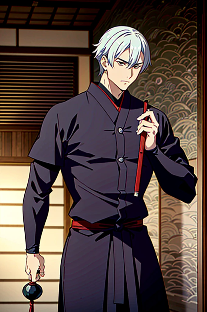 Por favor, create a detailed image of a Japanese samurai man. He is handsome and exhibits unique features: orelhas de raposa branca e uma cauda de raposa branca. your hair is short, branco e no estilo emo, contrastando com sua pele clara e olhos azuis penetrantes. He is dressed in a black ninja outfit, ajustada ao seu corpo, Standing out on the scene. The image must be set in a traditional Japanese castle, with authentic architecture and typical elements such as curved roofs, portas de papel shoji e jardins de pedra. The atmosphere must convey the serenity and grandeur of the place, with attention to details that highlight Japanese culture. The samurai man must be positioned in a way that highlights his figure and characteristics, perhaps in a posture of guard or contemplation, integrando-se harmoniosamente ao ambiente ao seu redor.