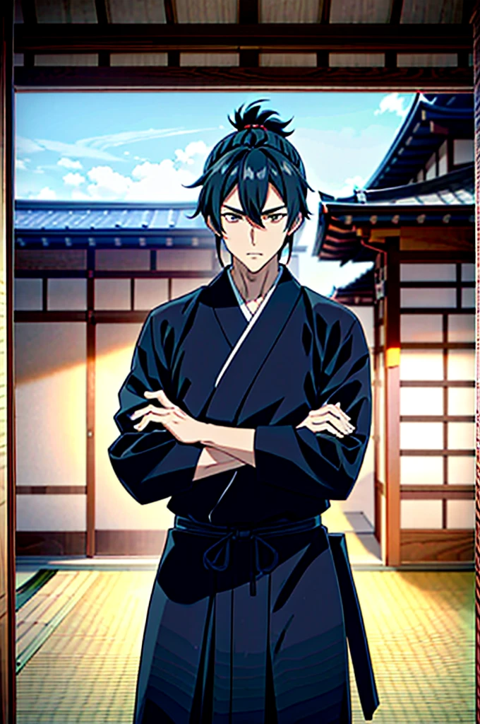 Por favor, create a detailed image of a Japanese samurai man. He is handsome and exhibits unique features: orelhas de raposa branca e uma cauda de raposa branca. your hair is short, branco e no estilo emo, contrastando com sua pele clara e olhos azuis penetrantes. He is dressed in a black ninja outfit, ajustada ao seu corpo, Standing out on the scene. The image must be set in a traditional Japanese castle, with authentic architecture and typical elements such as curved roofs, portas de papel shoji e jardins de pedra. The atmosphere must convey the serenity and grandeur of the place, with attention to details that highlight Japanese culture. The samurai man must be positioned in a way that highlights his figure and characteristics, perhaps in a posture of guard or contemplation, integrando-se harmoniosamente ao ambiente ao seu redor.