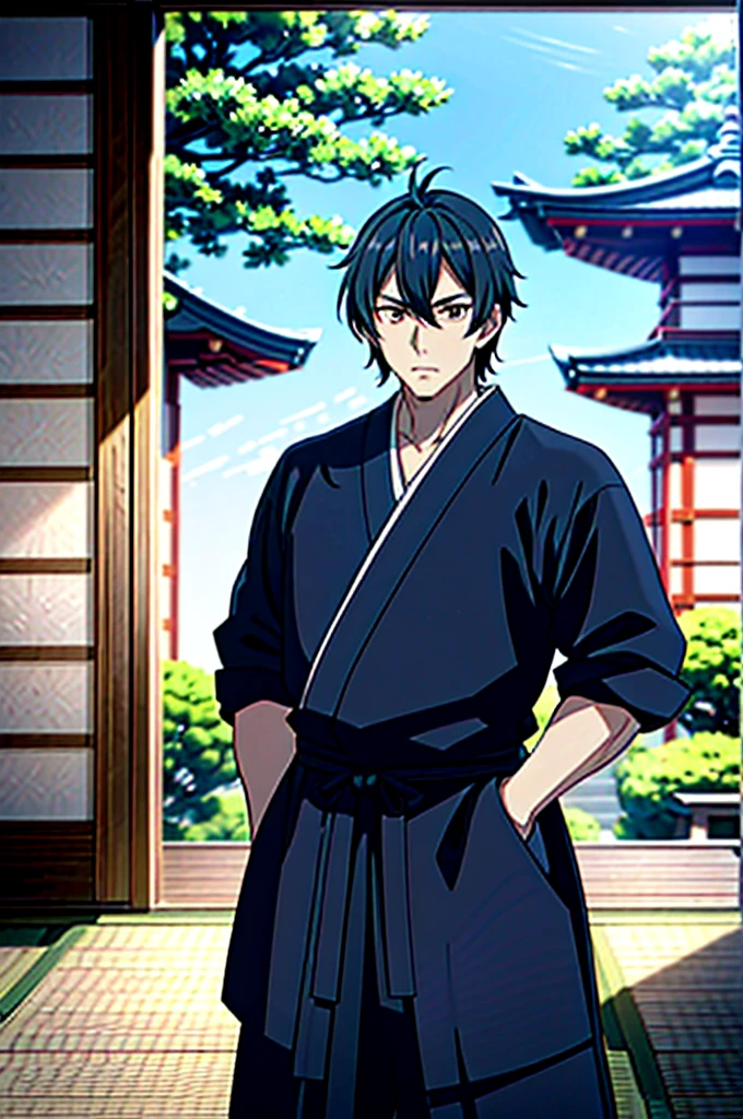 Por favor, create a detailed image of a Japanese samurai man. He is handsome and exhibits unique features: orelhas de raposa branca e uma cauda de raposa branca. your hair is short, branco e no estilo emo, contrastando com sua pele clara e olhos azuis penetrantes. He is dressed in a black ninja outfit, ajustada ao seu corpo, Standing out on the scene. The image must be set in a traditional Japanese castle, with authentic architecture and typical elements such as curved roofs, portas de papel shoji e jardins de pedra. The atmosphere must convey the serenity and grandeur of the place, with attention to details that highlight Japanese culture. The samurai man must be positioned in a way that highlights his figure and characteristics, perhaps in a posture of guard or contemplation, integrando-se harmoniosamente ao ambiente ao seu redor.