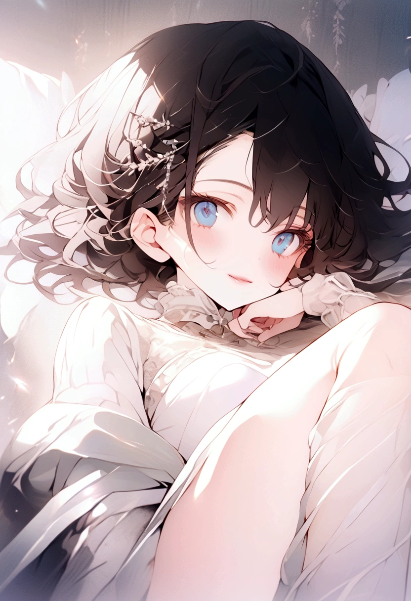 beautiful, masterpiece, Highest quality, anime, One girl, C Cup,Portrait Shot, View your viewers, Intricate details,>,((Covered、Short Hair、nearby、Blue Eyes、art、White hair,Blue streaked hair、wallpaper、silk_Knee-high hairpin、smile、Thighs、、lotion、Lying on your back、side、silkのスク水