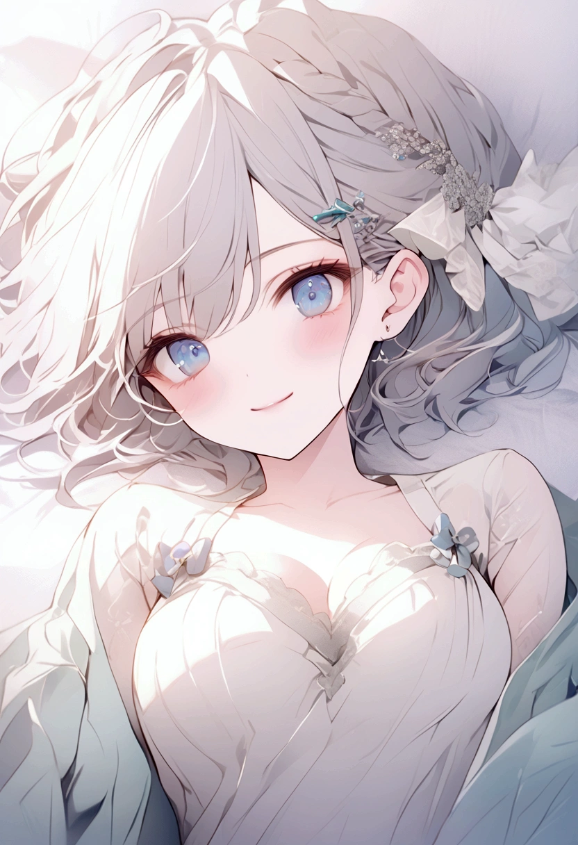 beautiful, masterpiece, Highest quality, anime, One girl, C Cup,Portrait Shot, View your viewers, Intricate details,>,((Covered、Short Hair、nearby、Blue Eyes、art、White hair,Blue streaked hair、wallpaper、silk_Knee-high hairpin、smile、Thighs、、lotion、Lying on your back、side、silkのスク水