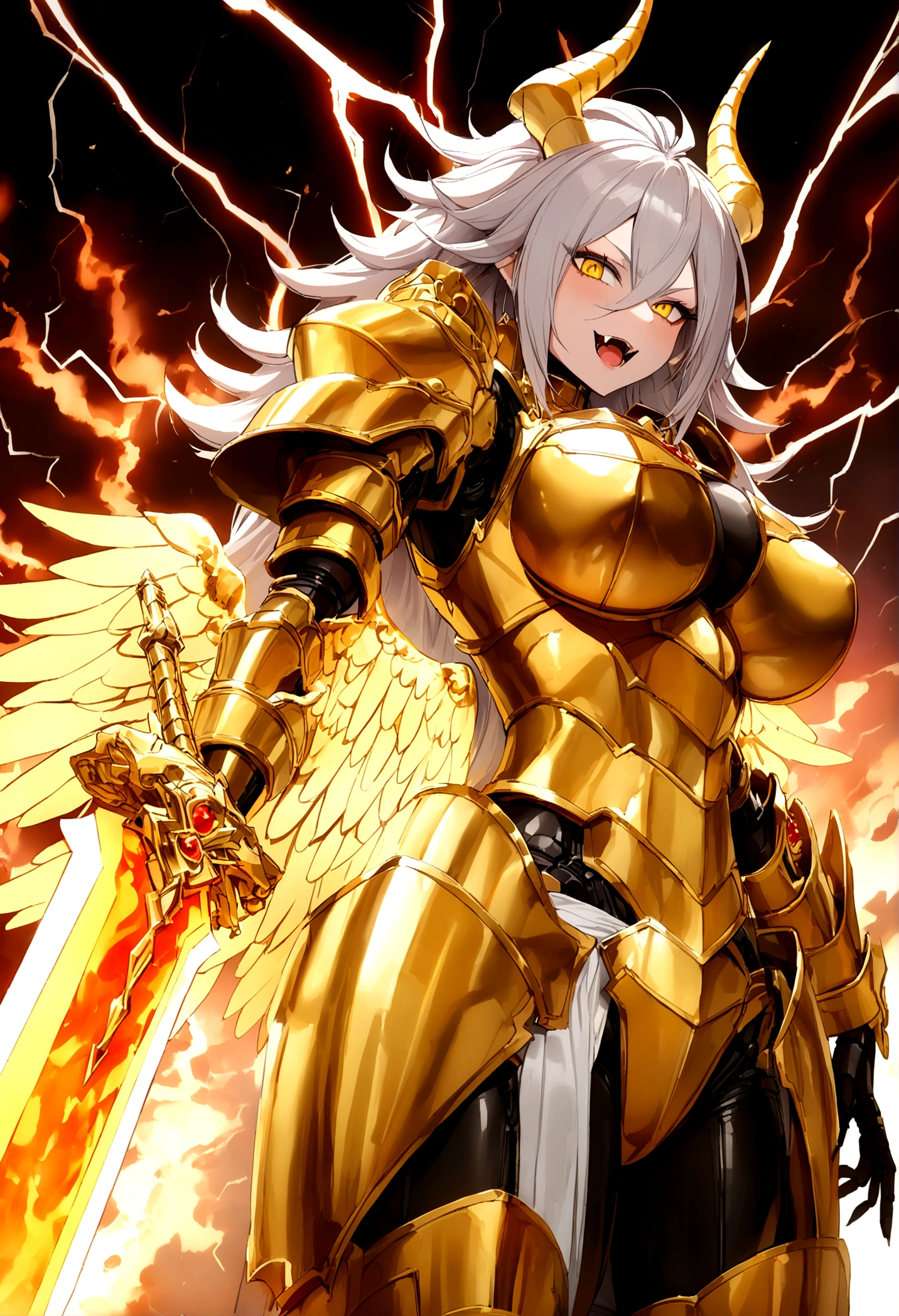 ((Lightning Power)), ((Electricity)), ((Fire Background)), ((Lightning Storm)), ((Power Erupting)),((((android 21 Evil)))), (((white Coat))), (((Busty))), (((((Big breast:1,3)))), luxury bustier corset, (((silver hair))), (((Very slim waist))), propotional body, ((Gorgeous)), (((Fire Blazing Horns))), (((gold wings))), masterpiece, hyperdetail, ambient effect, digital effect, (((Fangs))), (((FIRE SWORD)), (((Lightning Sword))), (((Fire Gold Armor))), (((Lightning Gold Wings)))