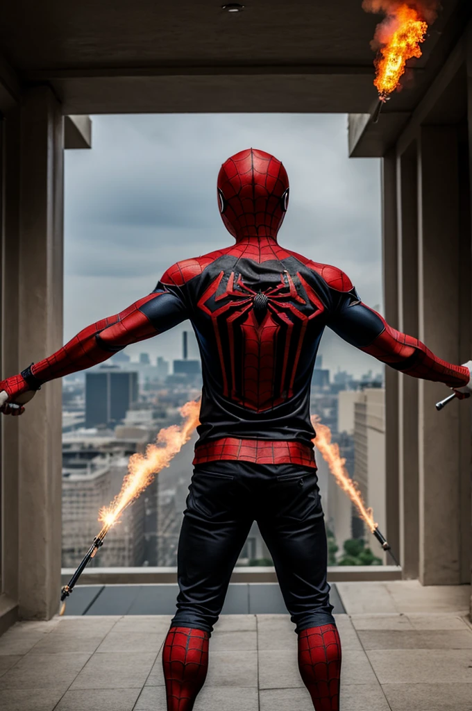 ((best quality)), ((masterpiece)), (detailed)), Spiderman wearing BLACK T-SHIRT, at stadium terrace, holding flare bar, camera shot from back