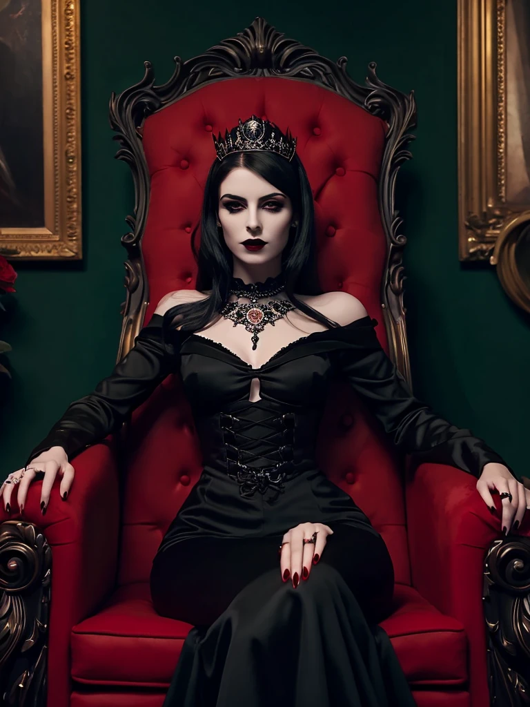 araffe dressed in a black dress sitting on a red chair, a portrait by Wayne England, trending on cg society, gothic art, beautiful vampire female queen, beautiful elegant demon queen, beautiful vampire queen, dark goth queen, she is the queen of black roses, queen of darkness, vampire queen, sitting on her throne, elegant victorian vampire, on her throne