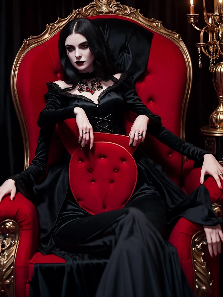 araffe dressed in a black dress sitting on a red chair, a portrait by Wayne England, trending on cg society, gothic art, beautiful vampire female queen, beautiful elegant demon queen, beautiful vampire queen, dark goth queen, she is the queen of black roses, queen of darkness, vampire queen, sitting on her throne, elegant victorian vampire, on her throne