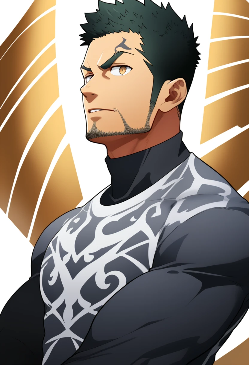 one negro, anime characters:Gyee, Priapus, 1 muscle man, negro black skin, Very Black, muscular tough guy, Manliness, male focus, Grey long sleeve turtleneck tight t-shirt, Regular symmetrical pattern, Very tight, muscular male, muscular, only, Upper body, alone, Black short hair, Thick eyebrows, stubble, Brown eyes, White background, simple background, amazing quality, best aesthetics, Ridiculous, bright pupils, crew cut, parted lips, v-shaped eyebrows, jitome, best quality